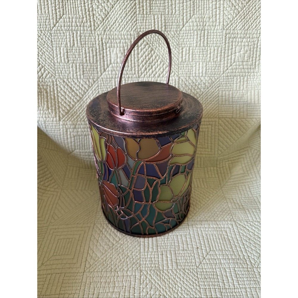 Girl Next Door 12" Lighted Floral Mosaic Lantern Stained Glass Style Metal